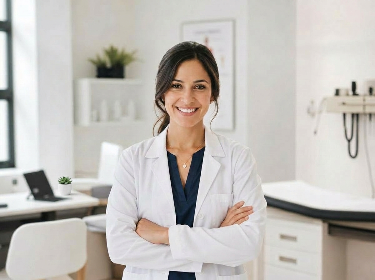 Professionnelle de santé souriante dans un cabinet moderne